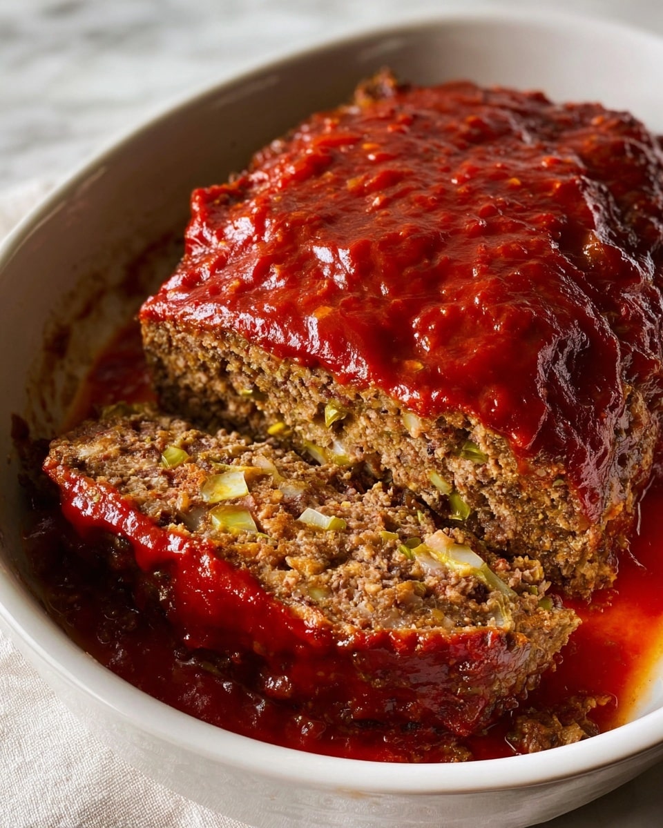 The image shows a sliced meatloaf in a white round baking dish, covered with a thick, shiny red tomato sauce. The meatloaf has two visible layers: the base is a coarse, brown ground meat mixed with small visible pieces of green and white vegetables, and the top layer is the same meat mixture coated evenly in the rich tomato sauce. The dish sits on a white marbled surface, and the sauce pools slightly around the meatloaf edges, adding a glossy texture to the scene. photo taken with an iphone --ar 4:5 --v 7