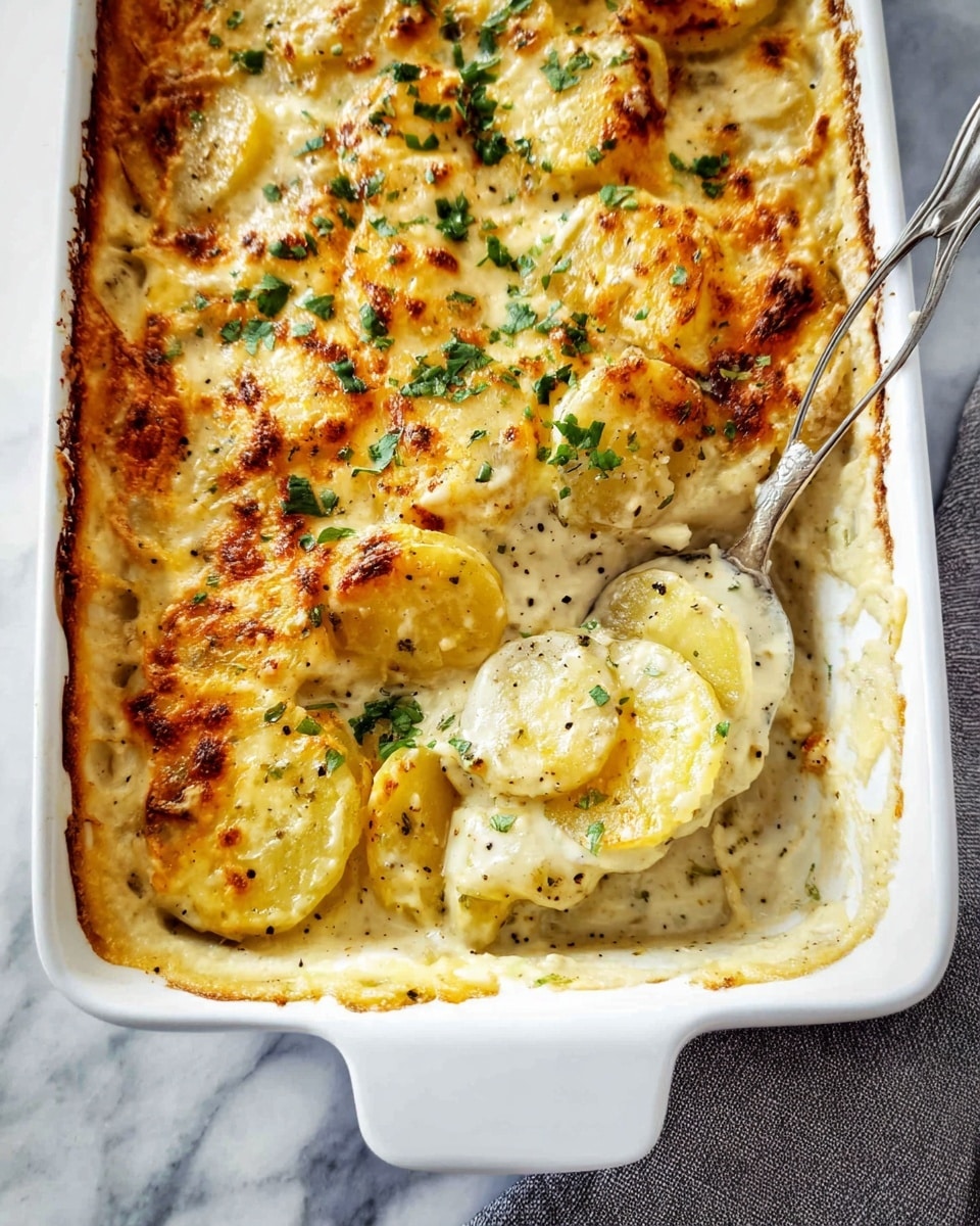 A white rectangular baking dish holds creamy scalloped potatoes with visible layers; the bottom layer consists of golden-yellow, thinly sliced potatoes in a rich, creamy sauce with specks of black pepper, while the top layer is covered with melted, slightly browned cheese dotted with chopped fresh green herbs. A large silver spoon is scooping out some potatoes, revealing the smooth, soft texture beneath the crusty cheese topping. The dish sits on a white marbled textured surface with a gray cloth underneath one corner. Photo taken with an iphone --ar 4:5 --v 7