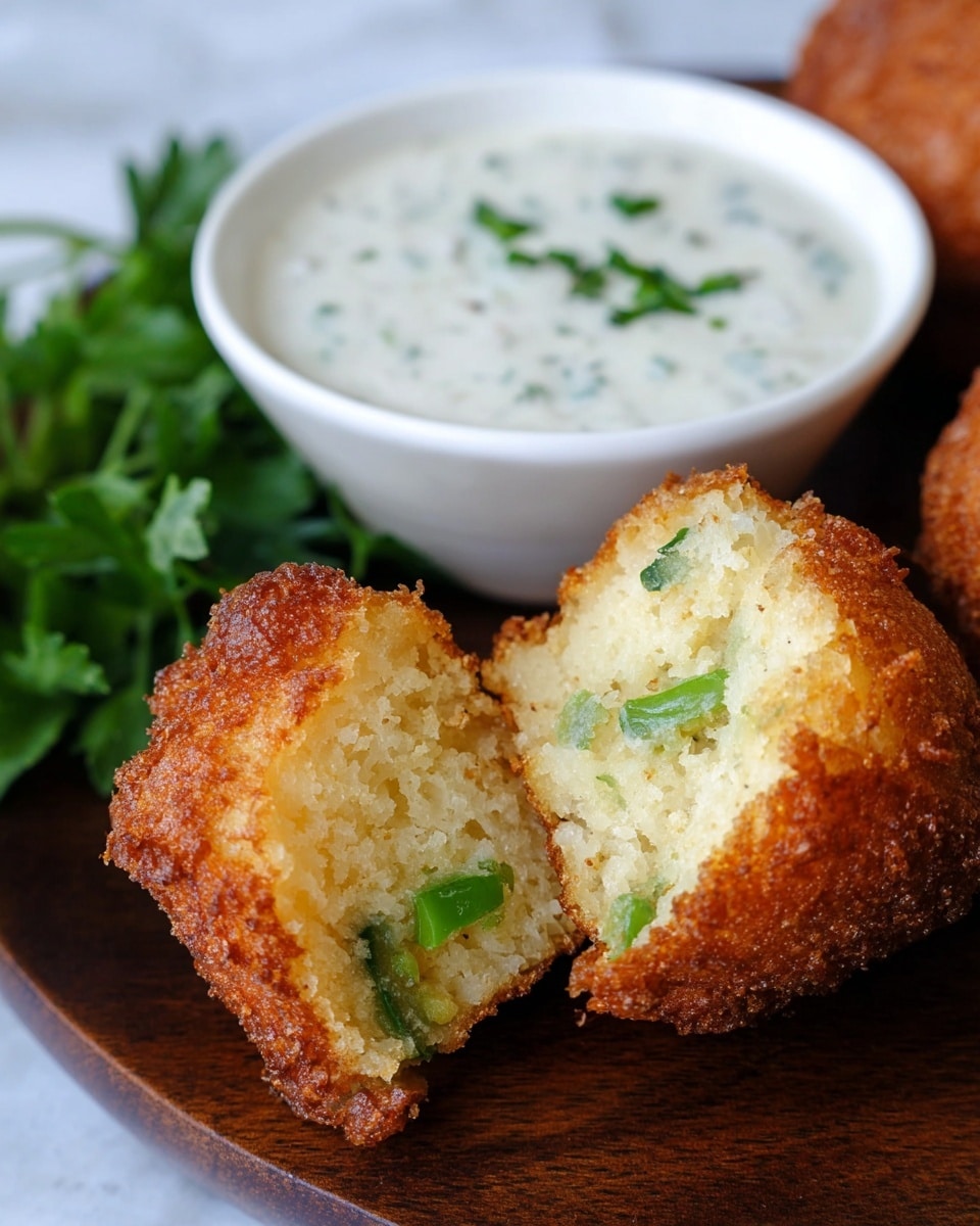 The close-up image shows a golden brown fried cake broken in half, revealing a light, fluffy inside with visible small green pieces, likely chopped jalapenos, scattered within. The slightly rough outer crust contrasts with the soft crumb inside. To the left, fresh green parsley adds color and texture. A white bowl filled with creamy white sauce speckled with herbs is placed behind the cake, resting on a white plate that sits on a wooden board, all against a white marbled textured background. photo taken with an iphone --ar 4:5 --v 7
