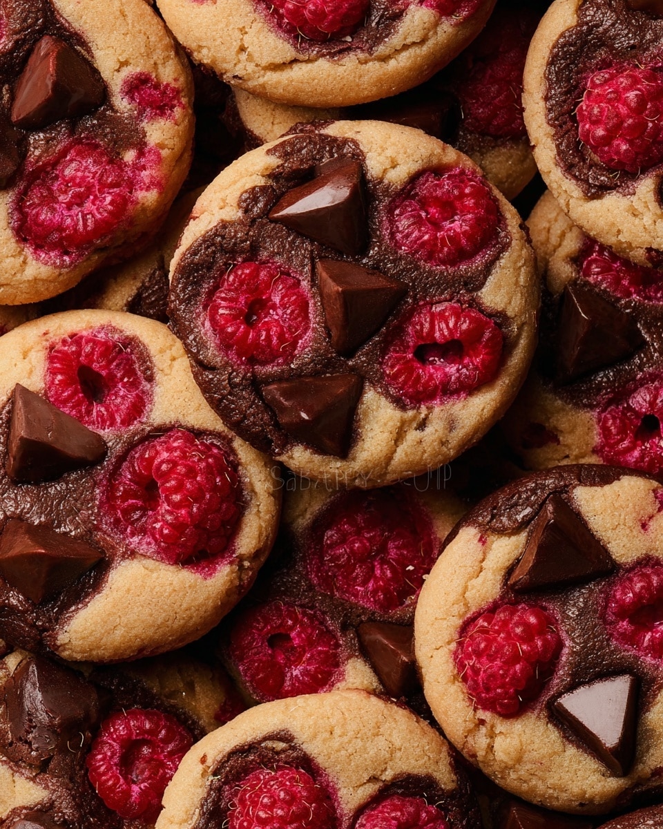 Multiple round cookies with dark brown edges and light beige centers are closely packed together. Each cookie has a few bright red raspberries and dark, shiny chocolate chips and triangular chocolate pieces embedded on the top layer. The raspberries add a fresh, slightly bumpy texture with some red juice stains blending into the beige dough. The chocolate pieces are smooth and glossy, contrasting with the soft, crumbly cookie surface. The cookies’ arrangement forms an overlapping pattern that fills the entire frame. Photo taken with an iphone --ar 4:5 --v 7