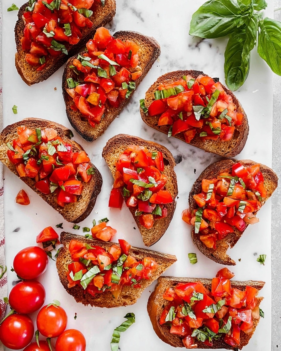 The image shows eight pieces of toasted brown bread arranged on a white marbled surface. Each slice is topped with a fresh mix of chopped red tomatoes and small green basil leaves scattered on top. The toasted bread has a slightly dark crust with a golden-brown center, and the tomato topping looks juicy with a light sheen, giving a fresh and vibrant appearance. There are also a few loose pieces of chopped basil on the white marbled surface around the bread slices and a small bunch of whole cherry tomatoes placed on the lower left side. On the upper right, a sprig of green basil lies on the white marbled surface. photo taken with an iphone --ar 4:5 --v 7