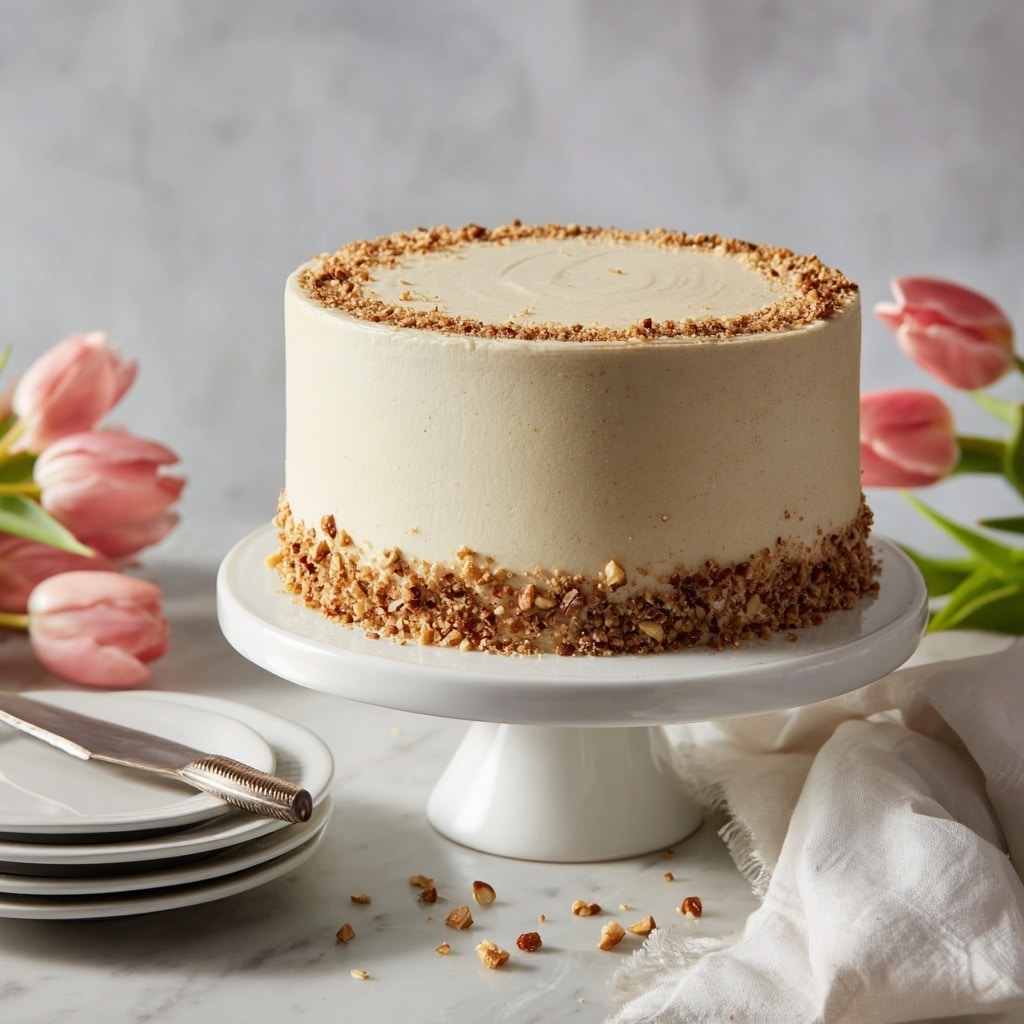 A tall, round cake with three creamy off-white layers covered in smooth, slightly textured beige frosting stands on a white cake stand with a wide, round top and a flared base. Crushed nuts are sprinkled evenly around the base and top edges of the cake, adding a crunchy, brown contrast. The cake is centered on a white marbled surface, with a white cloth softly crumpled in the background and pink tulips lying nearby. To the left, there are stacked white plates with a silver knife resting on top. Photo taken with an iphone --ar 4:5 --v 7
