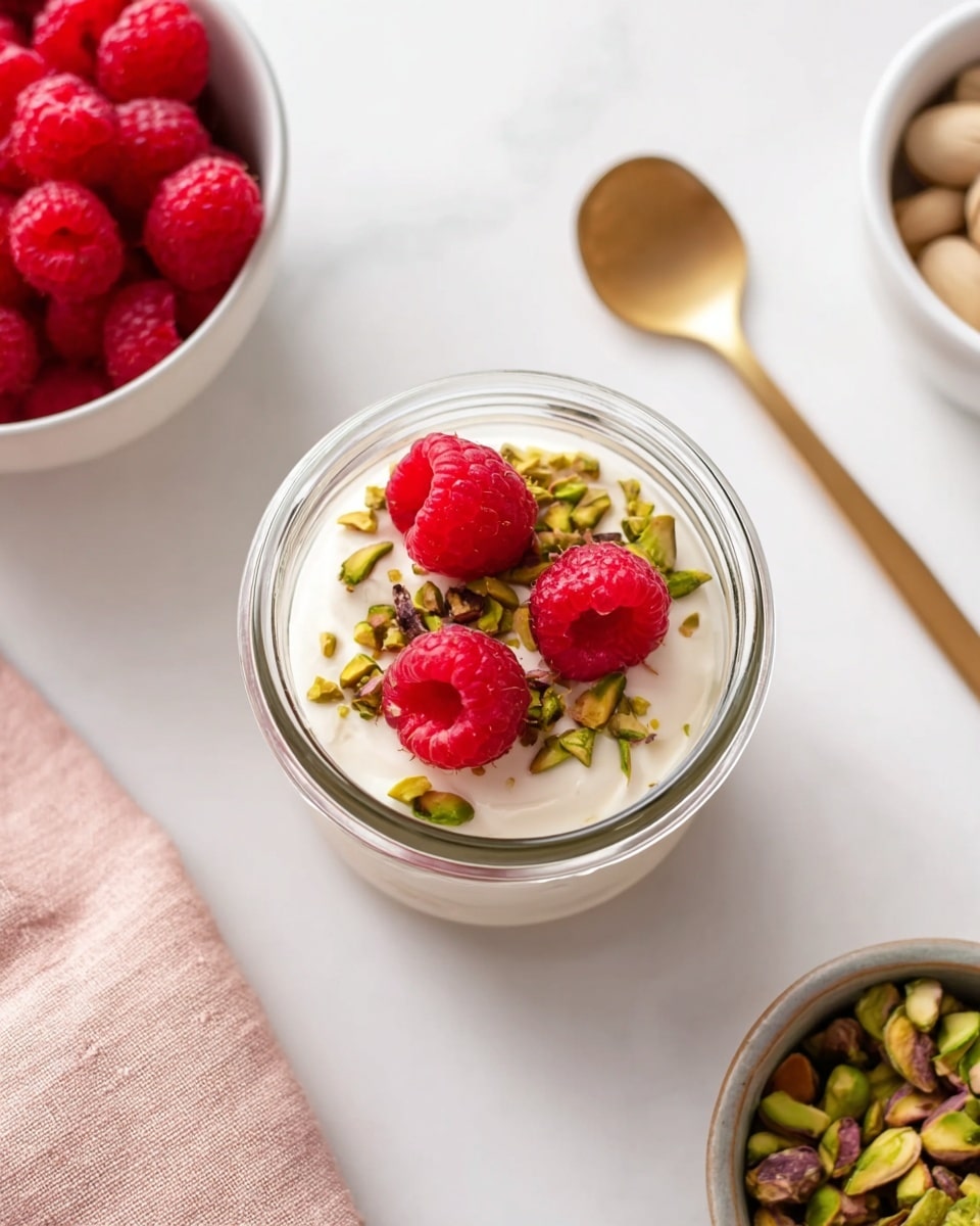 A small clear glass jar filled with creamy white yogurt as the bottom layer, topped with three bright red raspberries and chopped green pistachios scattered evenly on top, all placed on a white marbled surface. Nearby, there is a gold spoon lying on the surface, a white bowl filled with fresh raspberries at the top left corner, and a white bowl holding some chopped pistachios at the bottom right corner. The scene is bright and clean, with soft natural lighting and a light pink cloth peeking in from the left side. Photo taken with an iphone --ar 4:5 --v 7