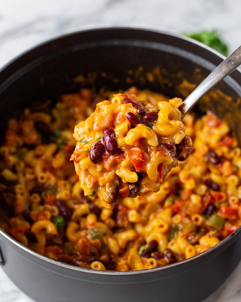 A close-up of a bowl filled with a colorful macaroni dish showing three main visible layers: the bottom layer is pasta mixed with red kidney beans and chunks of orange sweet potato, the middle layer consists of melted, light golden cheese spread evenly over the pasta, and the top layer is garnished with bright green chopped spring onions and fresh parsley leaves, adding a vibrant touch. The bowl is light gray and textured, placed on a white marbled surface, and there is a spoon inside the bowl on the right side. The background is softly blurred showing another bowl of the same dish and some green parsley. Photo taken with an iphone --ar 4:5 --v 7