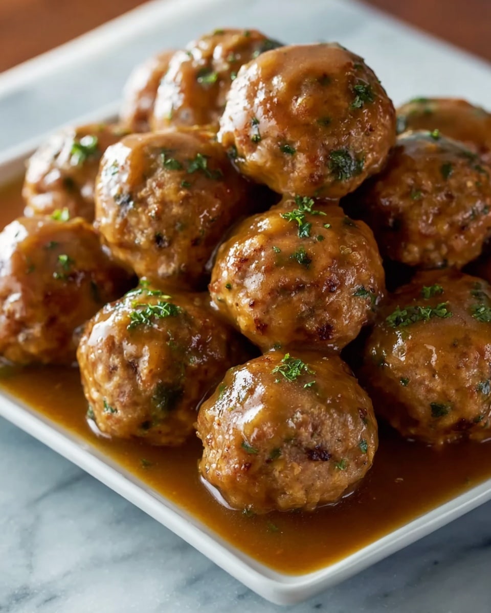 A bowl filled with six round meatballs, each with a rough texture and golden brown crust, showing bits of green herbs mixed inside. The meatballs are covered with a light brown glossy gravy that drips down the sides, catching the light, and sprinkled with more fresh green chopped herbs on top. The bowl is white and placed on a white marbled surface. photo taken with an iphone --ar 4:5 --v 7