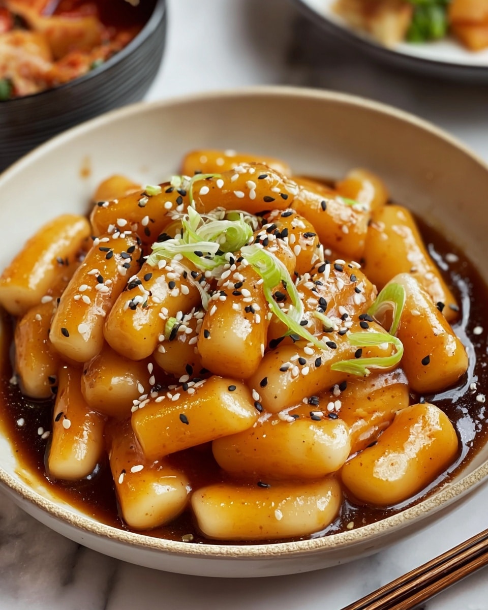 A close-up view of a white bowl filled with sticky rice cakes covered in a shiny, thick orange-brown sauce. The rice cakes are cylindrical and smooth, stacked in layers with some overlapping. Sprinkled on top are small black and white sesame seeds and bits of green onion, adding texture and color contrast. The bowl sits on a white marbled surface with soft lighting highlighting the glossy sauce on the rice cakes. photo taken with an iphone --ar 4:5 --v 7