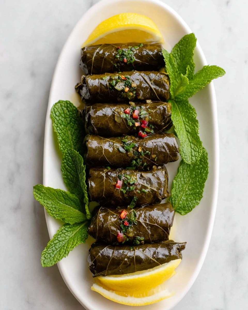 A long white plate holds two neat rows of grape leaf rolls, each dark green and glossy with a slightly crinkled texture. The rolls are tightly packed and topped with small pieces of chopped herbs and red chili flakes, adding tiny green and red specks over their shiny surface. At the top and bottom of the plate, three thin lemon slices with a bright yellow color peek out, adding a fresh look. Fresh green mint leaves with visible veins and texture are placed on both sides of the plate for decoration. All of this is set on a white marbled surface, which adds a clean and bright background. Photo taken with an iphone --ar 4:5 --v 7