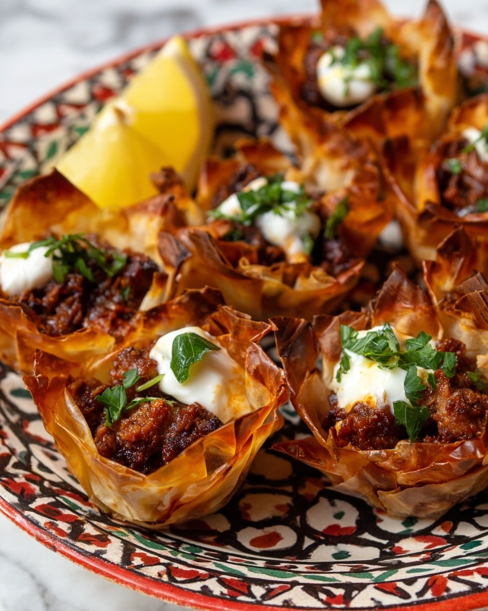 The image shows several small crispy cups made from golden-brown, thin pastry sheets, each filled with a dark red-brown minced meat mixture that looks soft and slightly chunky. On top of some cups, there is a small dollop of white sauce and a sprinkle of fresh green chopped herbs. The cups are placed on a colorful, patterned plate with blue, green, red, and white designs. In the foreground, there is a bright green lime cut in half, positioned on the plate. The background has a soft, out-of-focus look. The whole scene is set on a white marbled surface. photo taken with an iphone --ar 4:5 --v 7