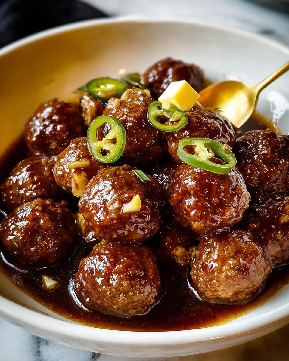 A close-up of a white bowl filled with about sixteen shiny brown meatballs coated in a rich glaze. The meatballs have a slightly rough texture with visible herbs. Scattered on top are several slices of bright yellow-green pickled jalapeños and a small cube of pale yellow butter melting into the sauce underneath. The sauce is thick and glossy, pooling at the bottom of the bowl. The background shows a white marbled texture. A golden spoon is stuck partially into the bowl on the right side. photo taken with an iphone --ar 4:5 --v 7