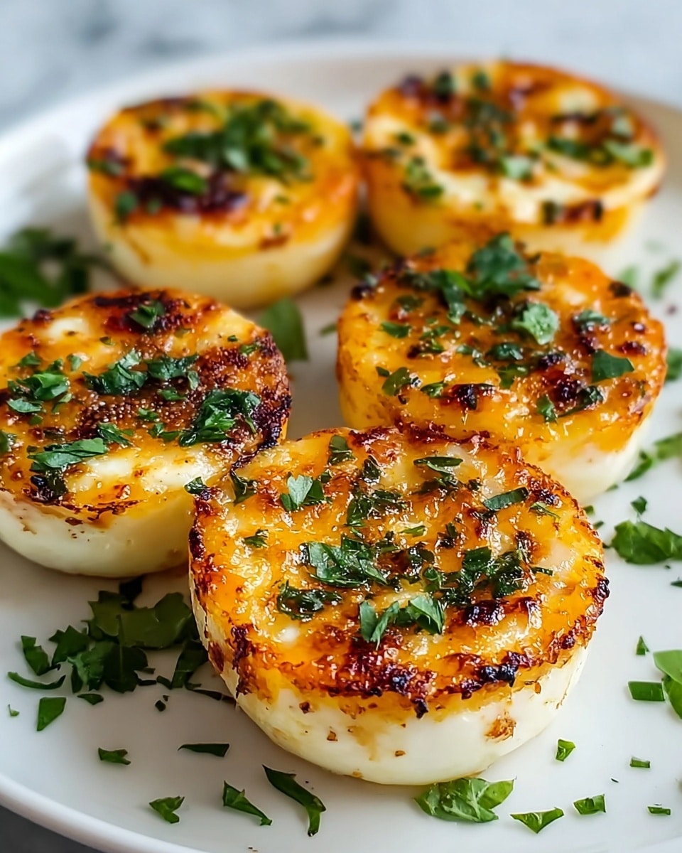 There are six round, golden-brown patties with a slightly crispy texture on top, placed neatly on a white plate. Each patty is about one layer thick, with a smooth white base and browning all around the edges and on top. The patties are sprinkled with small pieces of fresh green herbs, adding contrast to the warm colors. The plate is set on a white marbled surface, and some loose green herb pieces are scattered around the patties for decoration. photo taken with an iphone --ar 4:5 --v 7