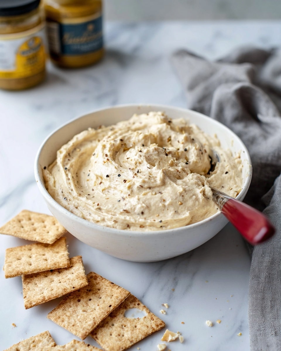 A clear plastic container filled with creamy, light beige dip that has small, dark mustard seeds mixed throughout. The dip is thick and slightly chunky with a textured surface that rises above the container’s rim, forming soft peaks. A single golden cracker is partially inserted into the dip at the top center. Around the container, there are scattered golden square crackers with slightly burnt edges lying on a white marbled surface. In the background, there is a blurred jar with a yellow label and black lid, and a light grey cloth is draped on the right side. Photo taken with an iphone --ar 4:5 --v 7