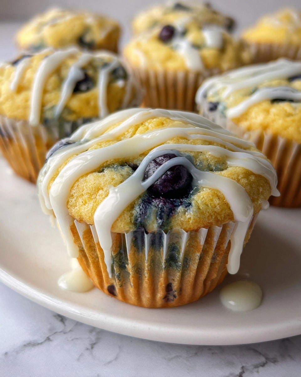 A close-up view of several blueberry muffins arranged on a white plate with a white marbled texture surface. Each muffin is in a white paper liner, showing a light golden top with greenish-blue pockets where the blueberries are visible. The tops are drizzled with creamy white icing in thick, uneven lines that slightly drip down the sides. The muffins are clumped closely together, with one muffin in clear focus in the foreground and others softly blurred behind. Photo taken with an iphone --ar 4:5 --v 7