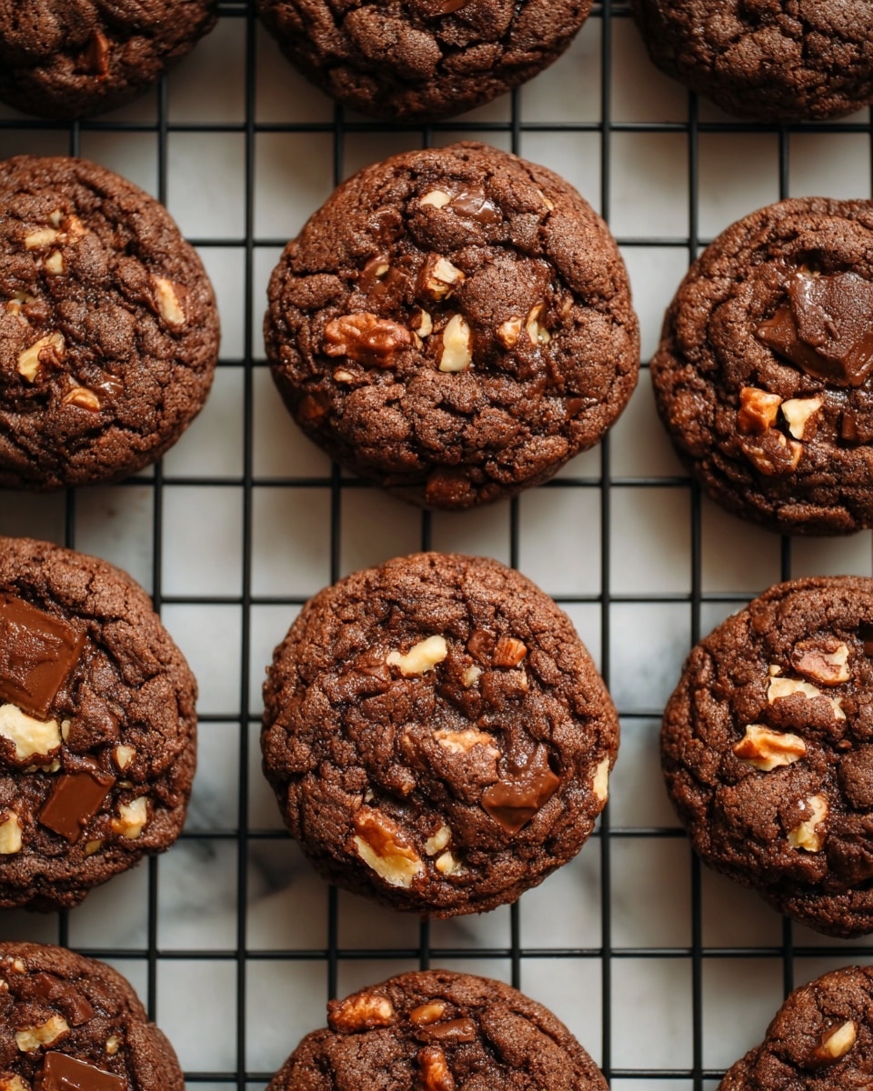 A close-up of three rich brown chocolate cookies with a slightly rough texture, studded with walnut pieces and coconut flakes. The top cookie is broken in the middle, showing gooey, melted dark chocolate inside. All cookies are resting on a black wire cooling rack set on a white marbled surface. The overall view is warm and inviting, focusing on the soft and chewy texture of the cookies. photo taken with an iphone --ar 4:5 --v 7