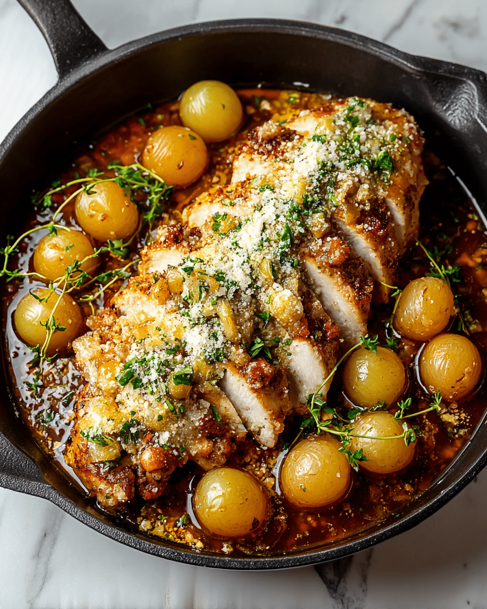 A black cast iron pan sitting on a white marbled surface holds a cooked dish with three thick slices of browned chicken breast as the top layer, showing juicy white inside meat and a crispy, textured golden-brown crust topped with finely grated cheese and sprinkled green herbs. Surrounding the chicken are small, round, golden-yellow cooked grapes in a rich, glossy brown sauce that fills the pan's base. Fresh green herb sprigs peek from the sides, adding a burst of color. Photo taken with an iphone --ar 4:5 --v 7