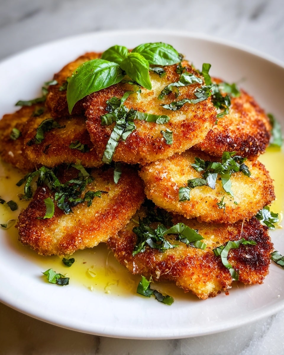 The image shows a white plate filled with six golden-brown fried cutlets stacked unevenly, with a crispy and crunchy texture. Each cutlet is sprinkled with finely chopped green herbs that create a fresh contrast against the warm, toasted crust. A few whole fresh green basil leaves are scattered on top, adding a vibrant and lively touch. There is a slight sheen of oil on the plate, giving the cutlets a juicy, appetizing look. The whole setup sits on a white marbled surface. photo taken with an iphone --ar 4:5 --v 7