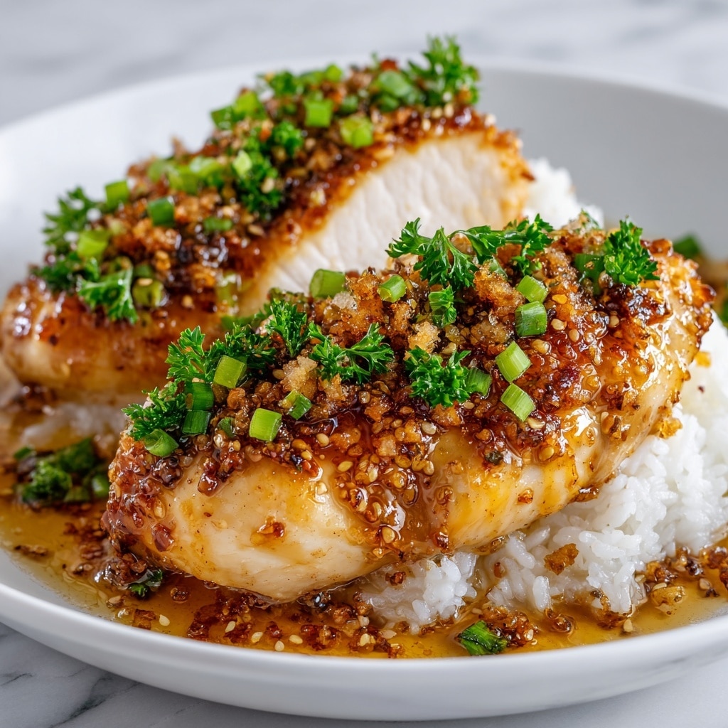 The image shows three pieces of golden-brown glazed chicken breasts laid on a bed of white rice, arranged in a row on a white plate. Each chicken piece is covered with a shiny, thick sauce with visible bits of spices and herbs, giving a textured look. Bright green chopped scallions are sprinkled on top, adding a fresh color contrast. The sauce pools slightly around the chicken, making the food look juicy and rich. The white marbled texture under the plate completes the clean and fresh presentation. photo taken with an iphone --ar 4:5 --v 7