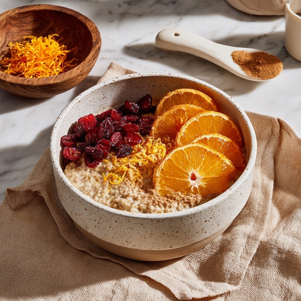 A white speckled bowl holds a creamy, light beige quinoa porridge base with a soft, slightly wet texture. On top, three sections of toppings are neatly placed: on the left, a cluster of dark red dried cranberries; in the middle, three bright orange slices with a glossy texture; on the right, a sprinkle of light brown cinnamon powder mixed with thin, curly orange zest shreds. The bowl rests on a light beige cloth on a white marbled surface, with a few small orange zest pieces scattered nearby. photo taken with an iphone --ar 4:5 --v 7