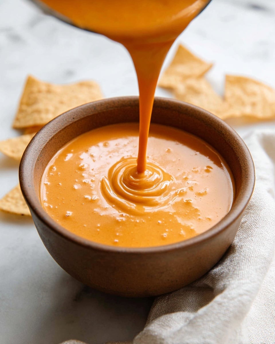 A thick, smooth orange sauce is being poured into a brown ceramic bowl sitting on a white marbled surface. The sauce has a shiny, creamy texture with small bubbles on its surface. Around the bowl, a few light brown tortilla chips are scattered, and a soft white cloth is partially visible under the bowl to the right, adding a soft contrast to the scene. The focus is on the flow of sauce entering the bowl, creating a small spiral pattern. photo taken with an iphone --ar 4:5 --v 7