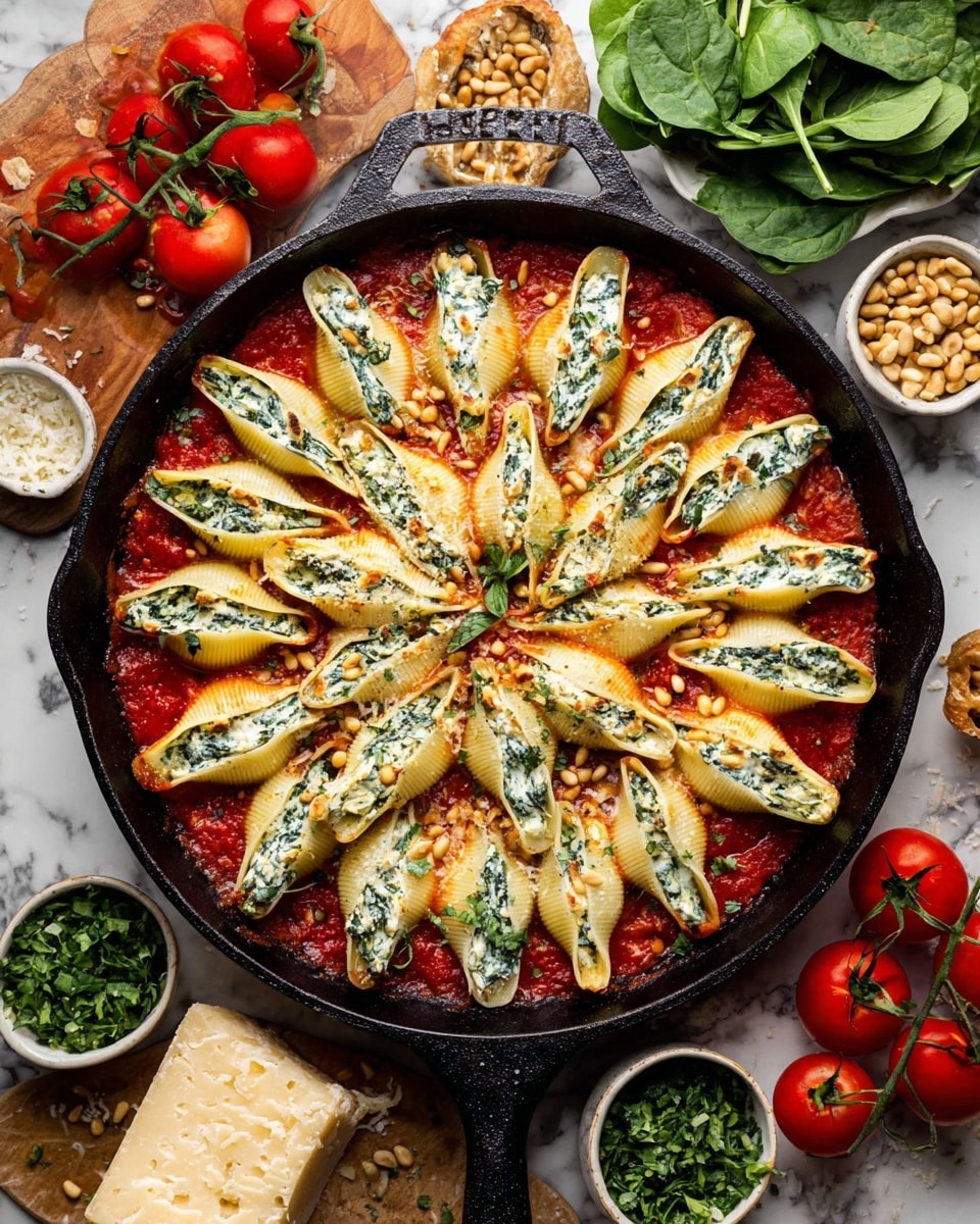 A black cast iron skillet filled with a single layer of large pasta shells arranged in a circle, each shell stuffed with a creamy white ricotta and green spinach mix. The shells rest on a bright red tomato sauce base that fills the entire skillet, with small golden pine nuts scattered on top, adding texture. Fresh green basil leaves are sprinkled over the shells, giving spots of vibrant color. Around the skillet are fresh small red tomatoes on the vine, a small white bowl of chopped green herbs, a small white bowl of pine nuts, a white bowl filled with fresh spinach leaves, and a small dish with grated cheese and a wedge of cheese. The whole scene is set on a white marbled surface. photo taken with an iphone --ar 4:5 --v 7