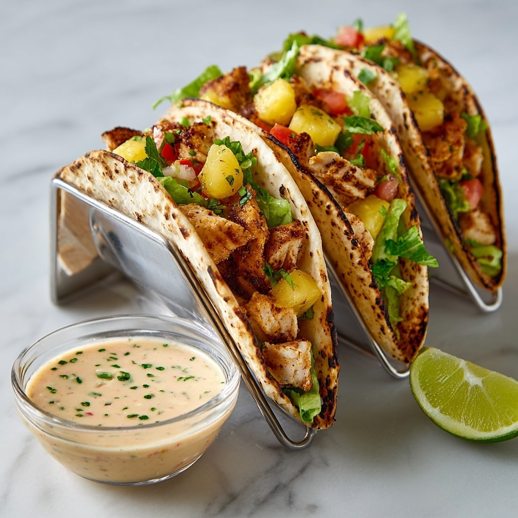 The image shows three soft tacos held upright in a metal taco holder on a white marbled surface. Each taco has a lightly charred, warm flour tortilla shell. Inside, the bottom layer is a bed of fresh green lettuce, topped with chunks of grilled chicken that have a golden-brown, slightly crispy texture. Small pieces of diced yellow pineapple and red tomato add bright color and freshness on top. In the foreground, there is a clear glass bowl filled with a creamy, pale peach-colored sauce speckled with green herbs. A slice of lime is visible next to the bowl on the marble surface. Photo taken with an iphone --ar 4:5 --v 7