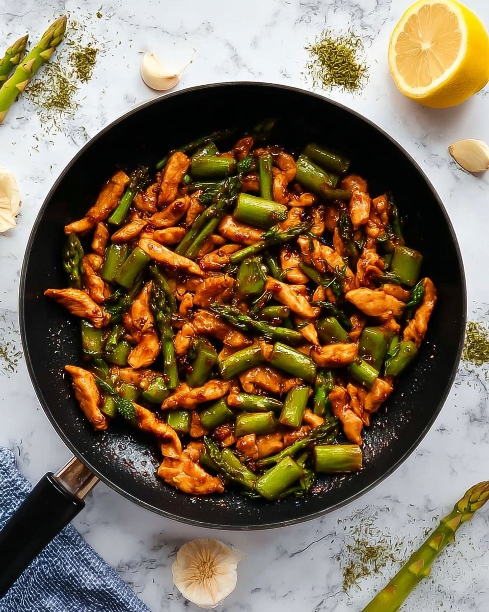 A black frying pan filled with a cooked stir-fry of sliced light brown chicken strips and chopped green asparagus pieces, showing a mix of crispy and tender textures. The chicken strips are scattered evenly, with the asparagus cut into short, thick segments, some showing the round, light green cross-sections. The pan sits on a white marble surface with some green herb sprinkles and a peeled garlic bulb near the bottom right. Part of a blue cloth and a yellow lemon are seen at the top left corner. Photo taken with an iphone --ar 4:5 --v 7