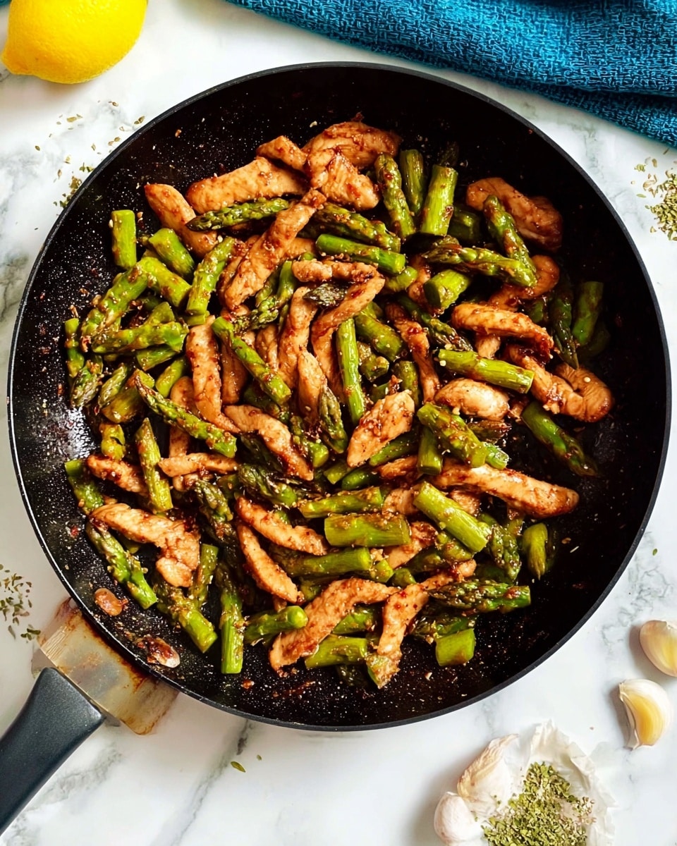 A black skillet filled with a stir fry of sliced brown chicken strips and green asparagus pieces cut into small segments, all coated in a glossy sauce. The chicken pieces are thin and slightly charred, scattered evenly throughout the bright green asparagus. The skillet is placed on a white marbled textured surface, with a halved lemon, some scattered asparagus pieces, a cut garlic bulb, and some green herb powder sprinkled around it. Photo taken with an iphone --ar 4:5 --v 7