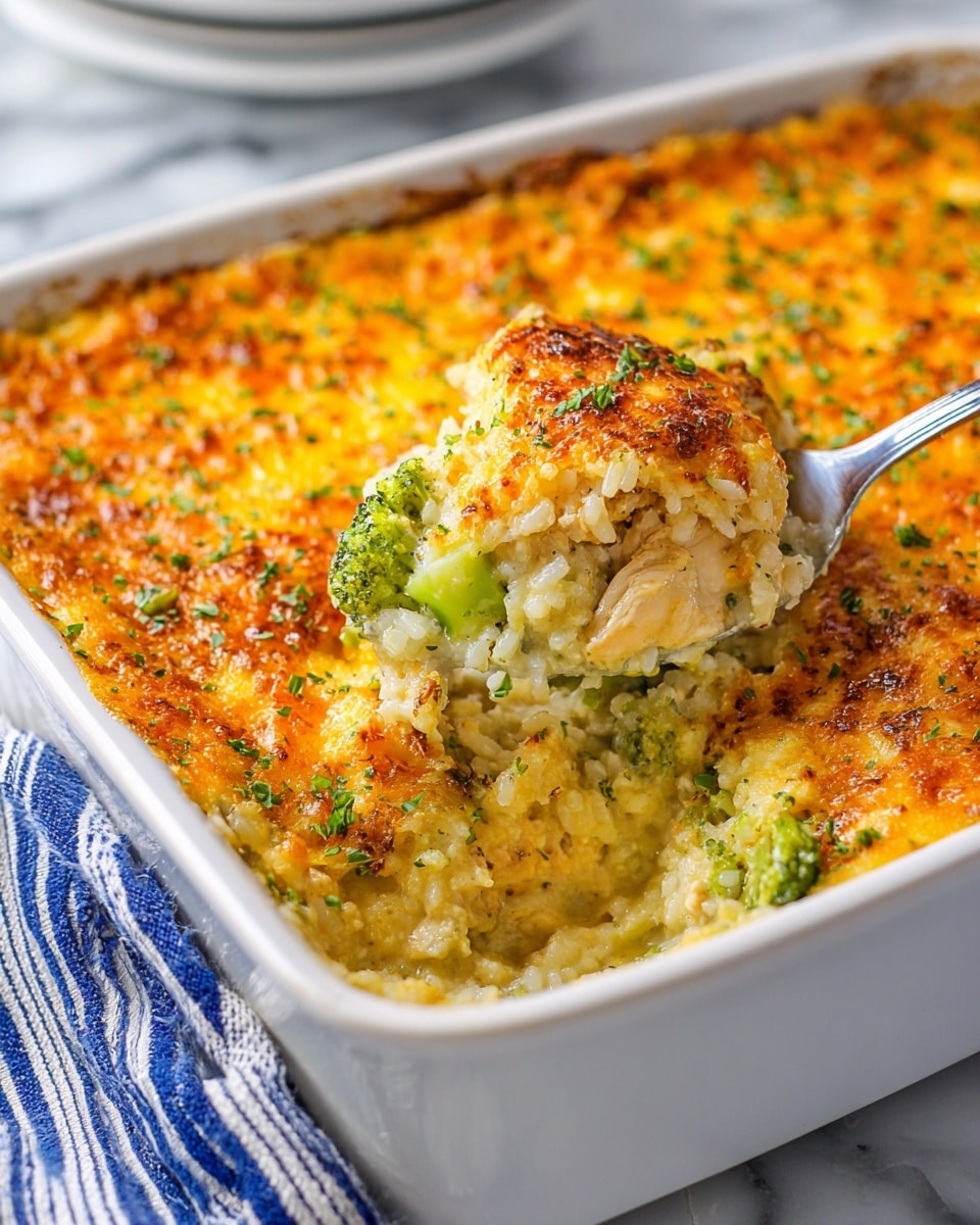 A white rectangular baking dish filled with a thick casserole that has two visible layers: the top layer is golden yellow melted cheese sprinkled with finely chopped green herbs and lightly browned spots, while the bottom layer consists of creamy rice mixed with green broccoli pieces and slices of brown chicken, all coated in a rich sauce. A silver spoon is scooping out some of the casserole, showing the soft texture of the filling. The dish is placed on a white marbled surface with a blue and white striped cloth underneath the handle of the dish. Photo taken with an iphone --ar 4:5 --v 7