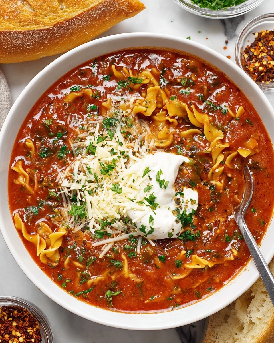 A white bowl filled with thick, rich red-brown lasagna soup, showing wide wavy pasta noodles partly submerged in the sauce. On top, there are three layers of cheese: shredded mozzarella with a creamy white color, shaved pale yellow parmesan, and a dollop of bright white cottage cheese sprinkled with chopped fresh green parsley. The soup surface has small bits of herbs and vegetables visible in the sauce. A silver spoon rests inside the bowl. Around the bowl, there are small bowls with grated cheese and crushed red pepper flakes on a white marbled surface, along with a sliced crusty piece of bread. photo taken with an iphone --ar 4:5 --v 7