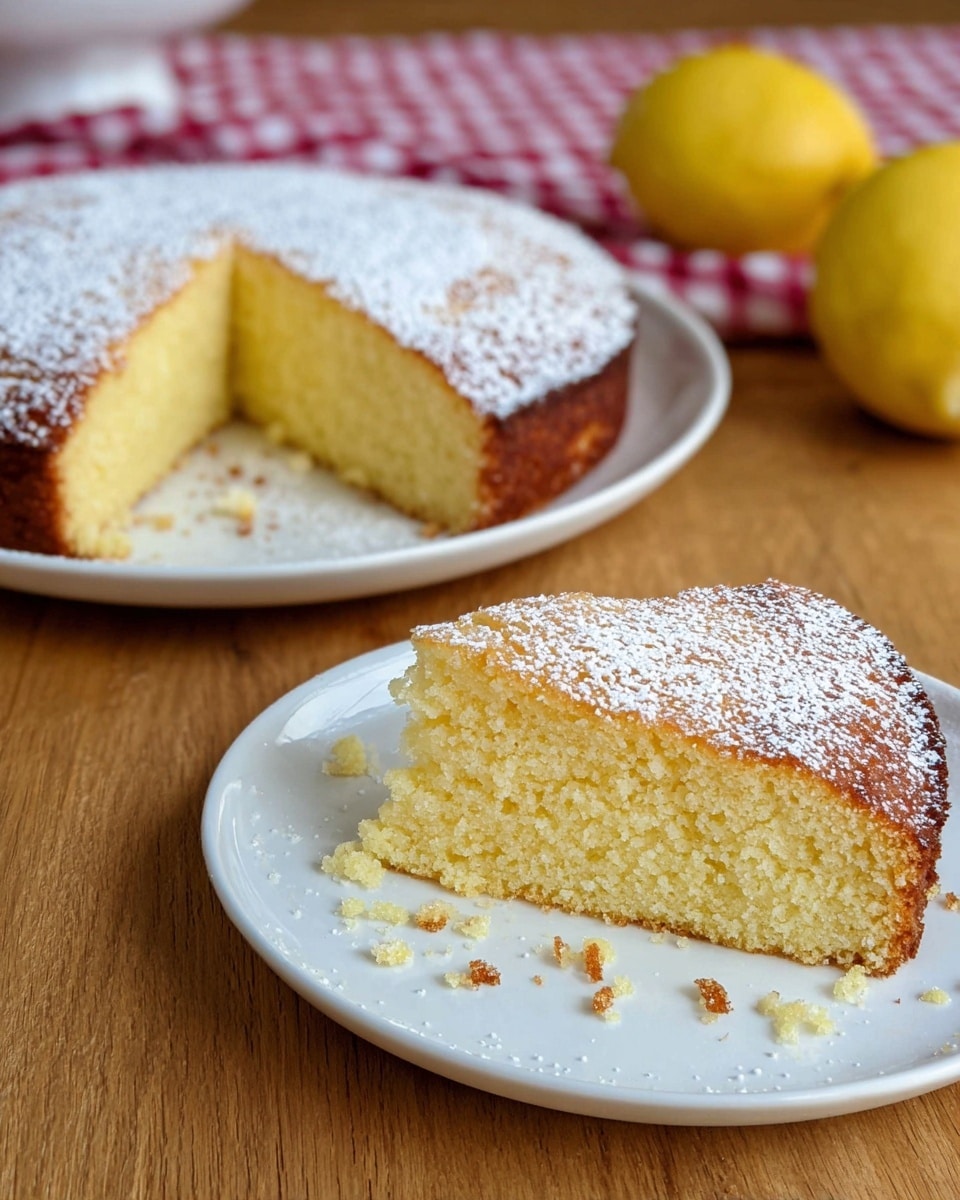 A slice of yellow cake with a light, soft texture and a slightly browned crust sits centered on a white plate, with a dusting of white powdered sugar covering the top layer evenly. Behind it, the whole cake is visible on a white plate, showing the thick single layer of the cake with the same powdered sugar topping. The scene is set on a white marbled surface, with a red and white checkered cloth and a yellow lemon blurred in the background. photo taken with an iphone --ar 4:5 --v 7