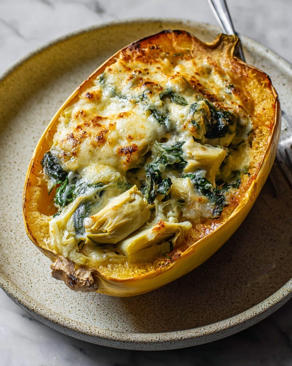 A baked dish served inside a halved spaghetti squash shows three main layers: the outer yellowish-orange shell holding the filling, a golden-brown bubbly cheese layer with melted and slightly browned texture on top, and a mix of green leafy vegetables and light beige artichoke pieces underneath, all combined inside the squash shell. The dish sits on a round white plate with a rough texture, which is on a white marbled surface. Photo taken with an iphone --ar 4:5 --v 7