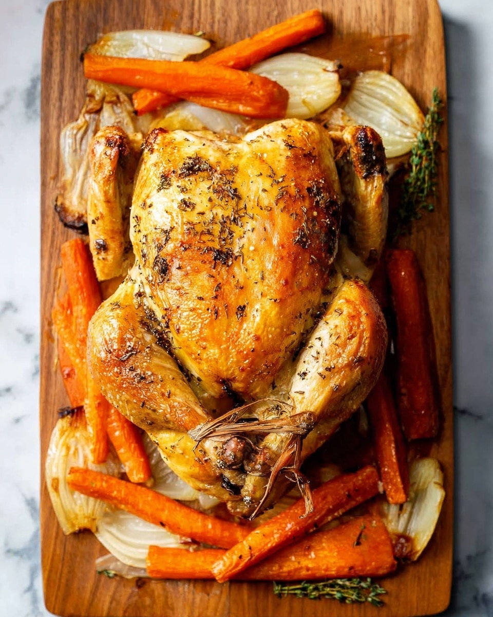 A roasted whole chicken sits in the center of a wooden board, displaying a golden-brown, crispy skin with visible black pepper and herb seasoning. Surrounding the chicken are several cooked carrot pieces, showing bright orange color with roasted char marks. Beneath and around the chicken, there are slices of lightly browned roasted onions, adding a soft texture contrast. The legs of the chicken are tied together with string, and the wings are tucked in. The whole scene is captured on a wooden board placed on a white marbled surface, creating a warm and inviting visual. photo taken with an iphone --ar 4:5 --v 7