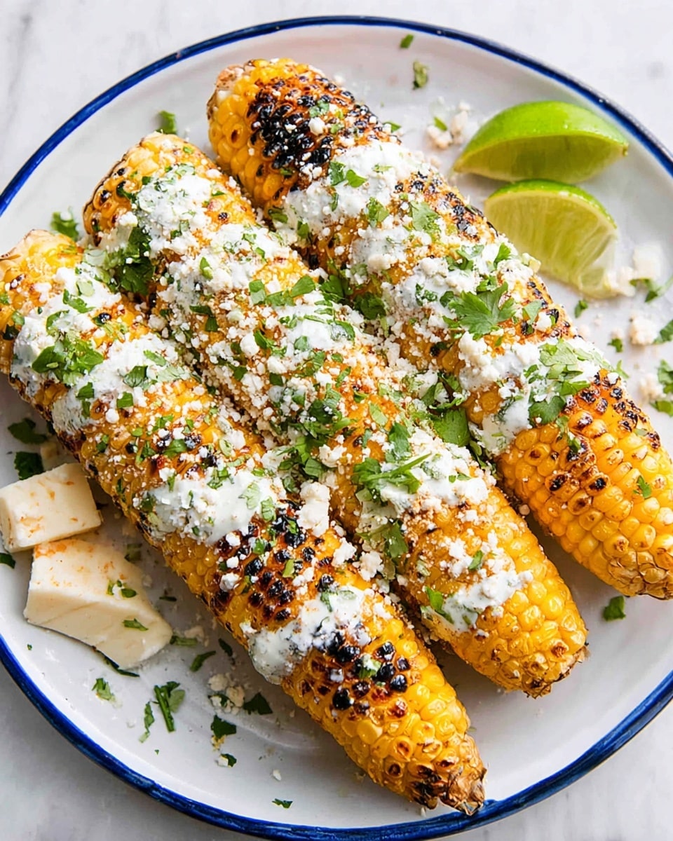 The image shows four pieces of grilled corn on the cob arranged neatly on a white oval plate. Each corn is covered with a creamy layer sprinkled with white cheese crumbles and a light dusting of reddish spice, giving a textured look on top. The corn kernels underneath peek through the coating, showing a bright yellow color. Around the corn, several lime wedges are scattered, adding a fresh green contrast. The background is a clean white marble surface, enhancing the brightness of the dish. photo taken with an iphone --ar 4:5 --v 7