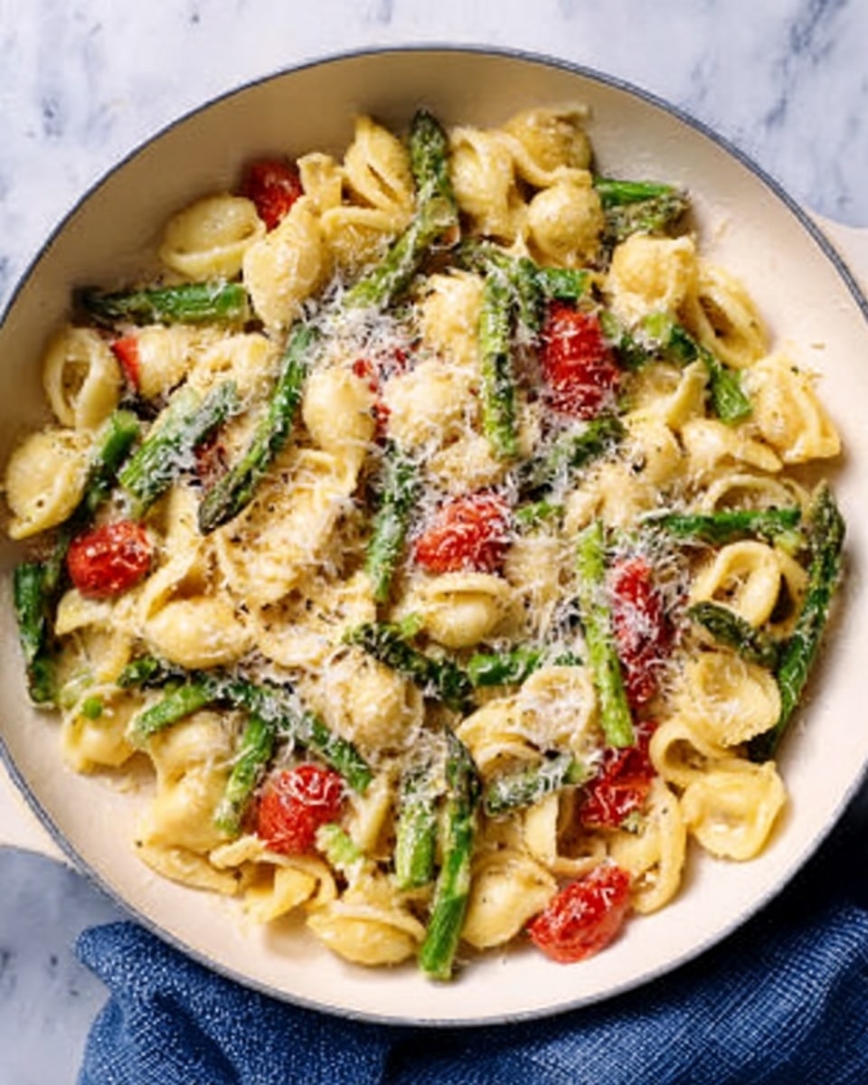 The image shows a white pan filled with a pasta dish on a white marbled surface, with a blue cloth nearby. The pasta is light yellow and shaped like small shells. Mixed in are red cherry tomatoes, bright green asparagus pieces, and white grated cheese sprinkled generously over the top. The dish looks creamy, with the cheese adding a soft, powdery texture. The colors contrast well, with the yellow pasta forming the base layer, green asparagus pieces scattered on top, and red tomatoes placed around, all covered lightly by the white cheese. photo taken with an iphone --ar 4:5 --v 7
