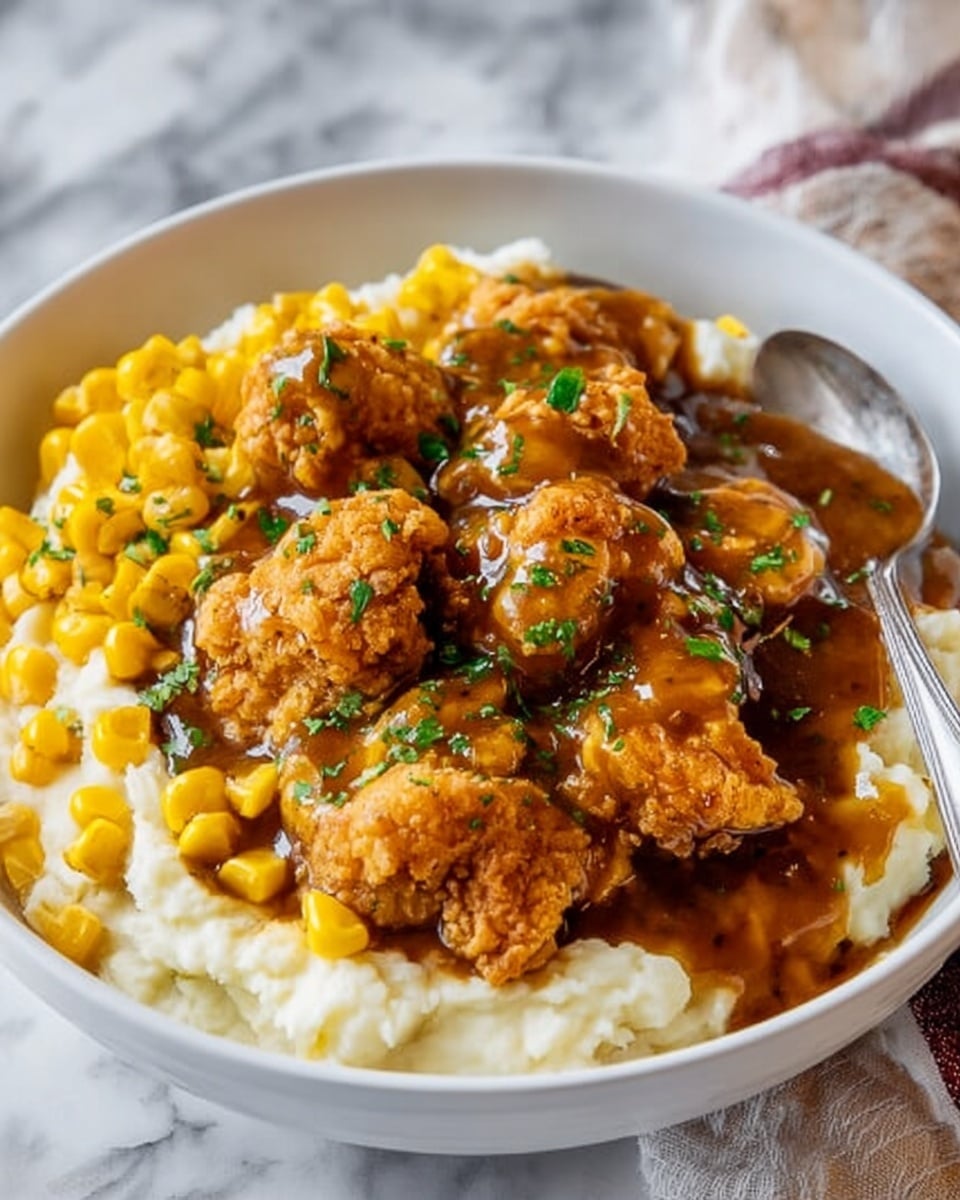 A white bowl filled with a base layer of creamy white mashed potatoes topped with scattered bright yellow corn kernels mixed with small pieces of shredded cheese, followed by a generous layer of crispy golden-brown fried chicken pieces on top, all covered with a smooth, thick brown gravy and sprinkled with small green parsley bits. The bowl sits on a white marbled surface with a metal spoon resting inside on the left side. photo taken with an iphone --ar 4:5 --v 7