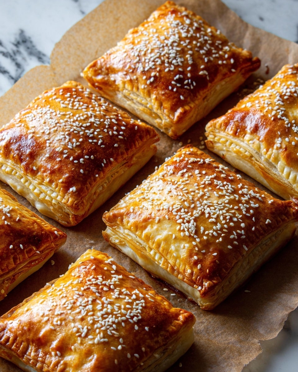 The image shows a close-up of a golden brown pastry cut in half and stacked. The bottom layer is a shiny, flaky crust sprinkled with white sesame seeds, showing a slightly ridged edge. Inside, there are two thick layers of soft, light yellow dough enclosing a moist filling of cooked ground meat mixed with translucent, cooked onion pieces, giving a textured and juicy look with a mix of light brown and beige colors. The pastry rests on a white marbled surface with a dark blue-grey blurred background. photo taken with an iphone --ar 4:5 --v 7