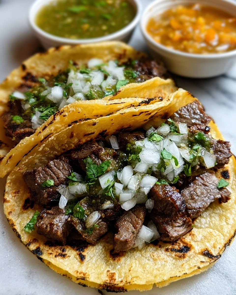 The image shows two tacos each with two layers of light brown, soft corn tortillas. Inside, there is a layer of small, juicy grilled meat chunks with a rich brown color and slight char marks. On top of the meat, there is a layer of finely chopped white onions and green cilantro leaves scattered evenly. Behind the tacos, there are two small clear containers, one with a green salsa and the other with an orange mango or peach salsa, both fresh and vibrant. The background is a white marbled texture. photo taken with an iphone --ar 4:5 --v 7