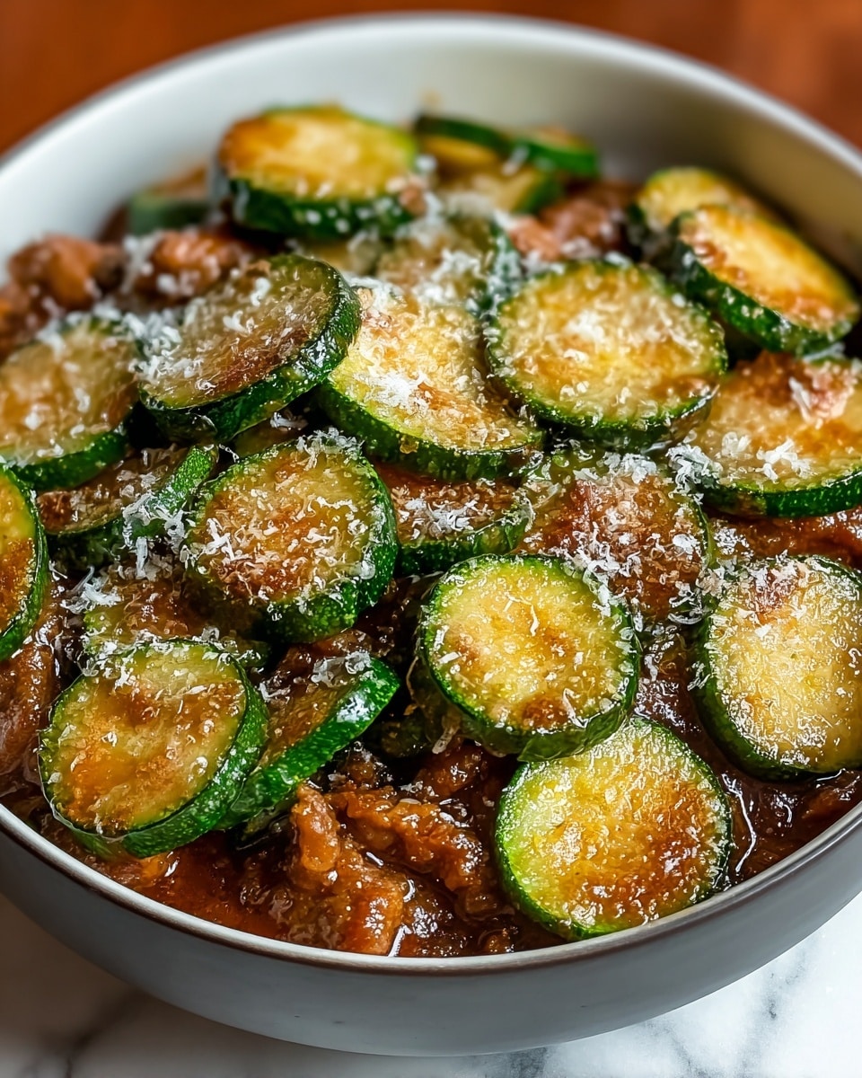 The dish shows a close-up of thick, round slices of green zucchini with a golden brown cooked surface, layered on top with a light dusting of fine white grated cheese, creating a crunchy texture on top. Beneath the zucchini slices are pieces of browned, cooked meat or mushrooms in a rich, tan-orange sauce that adds gloss and moisture to the dish. All this sits densely packed in a white bowl with a black rim. The background is a white marbled surface, making the vibrant green and golden orange colors stand out clearly. Photo taken with an iphone --ar 4:5 --v 7