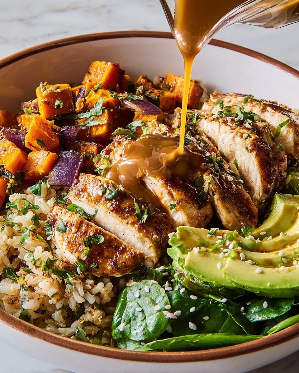 The dish is served in a white bowl with a thin brown rim, placed on a white marbled surface. The base layer consists of cooked brown rice with scattered chopped herbs mixed in, covering the whole bottom of the bowl. On one side, there are several large, fresh dark green spinach leaves layered loosely on top of the rice. Next to the spinach, small cubes of orange roasted sweet potatoes mixed with bits of cooked purple onion add a textured and colorful layer. Towards the front, thick slices of grilled chicken breast with a golden-brown char on the surface lie over the rice, topped with a light brown sauce and sprinkled with green herbs and sesame seeds. On the opposite side of the chicken, creamy green avocado slices with a smooth texture are layered in a neat stack, also sprinkled with sesame seeds and herbs. The sauce is drizzled lightly over the spinach, chicken, and avocado adding a glossy finish. Photo taken with an iphone --ar 4:5 --v 7