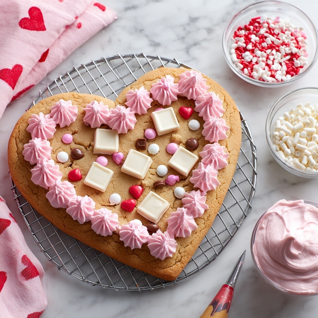 A large heart-shaped cookie sits on a wire cooling rack over a white marbled surface, decorated with pink frosting dollops evenly spaced around the edge. The cookie surface is golden brown and dotted with square milk chocolate pieces, white, red, and pink candy-coated chocolates, and white and pink sprinkles scattered across. To the right of the cookie is a clear bowl holding more candies and chocolate squares, and next to it is a piping bag filled with light pink frosting, resting on the white marbled surface. A pink and white cloth with red hearts is partly visible in the background. Photo taken with an iphone --ar 4:5 --v 7