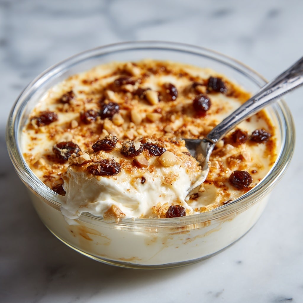 The image shows a close-up view of a creamy baked dish in a clear round glass bowl. The top layer is golden brown with a slightly crunchy texture, dotted with small dark raisins and light brown nuts scattered unevenly. Underneath, the creamy white layer is smooth and thick, visible where a spoon is scooping some out from the side. The spoon has a shiny silver handle resting inside the bowl. The bowl sits on a white marbled surface. photo taken with an iphone --ar 4:5 --v 7
