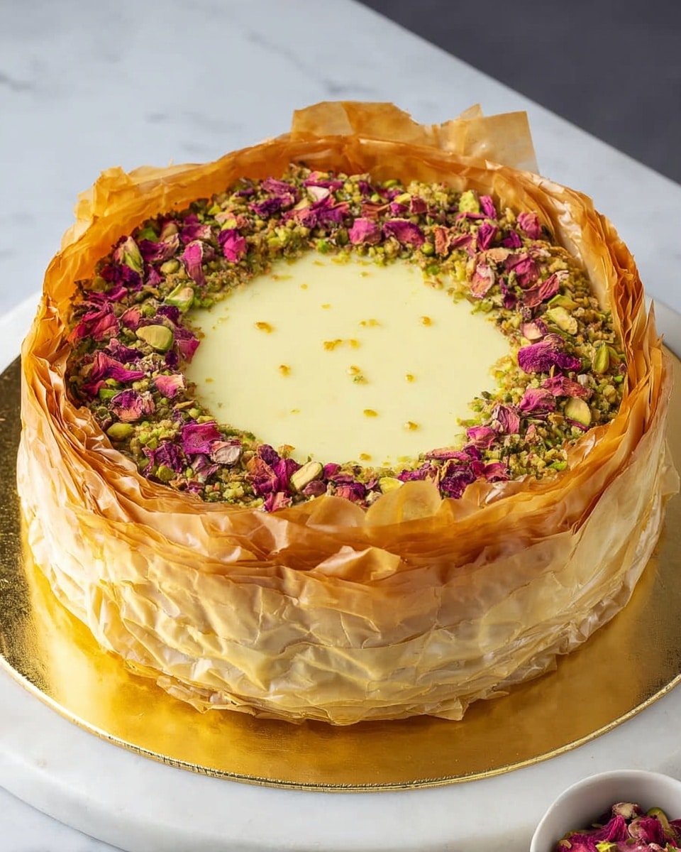 The dish is a tart with four main layers visible. The outermost layer is a golden-brown, flaky phyllo pastry crust with crisp, overlapping sheets that curl slightly outward. Inside this is a border layer made of finely chopped pistachios mixed with small pieces of nuts and vibrant dried rose petals, creating a colorful and textured ring. The center layer is a smooth, creamy filling in a pale yellow color, with a soft texture and a few tiny bubbles and specks on its surface. The tart is placed on a golden board over a white marbled surface. Photo taken with an iphone --ar 4:5 --v 7