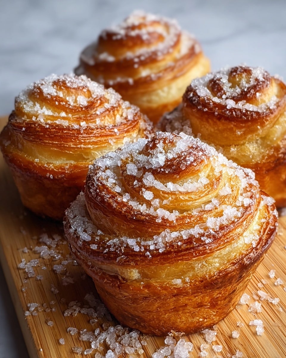 The image shows close-up swirled pastries shaped like roses with multiple thin layers. Each pastry has a golden brown, crispy outer layer with visible flaky textures and lighter yellow layers inside. Large sugar crystals are sprinkled evenly on top, catching the light and giving a sparkling effect. The pastries are placed on a light wooden cutting board with some sugar crystals scattered around. The background is a white marbled texture. photo taken with an iphone --ar 4:5 --v 7