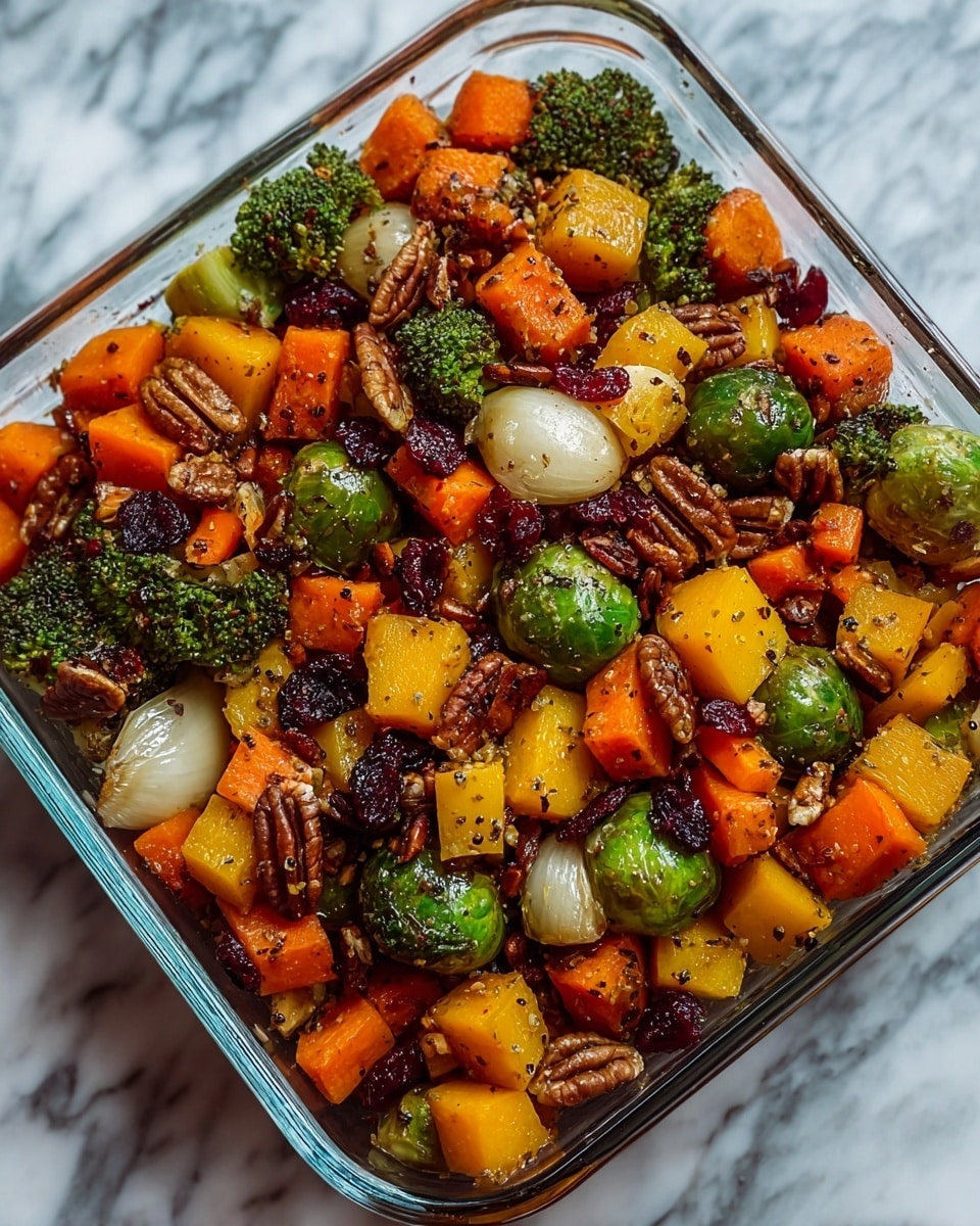A clear glass dish filled with a colorful mix of roasted vegetables and nuts sits on a white marbled surface. The dish contains bright orange carrot pieces, green broccoli florets and Brussels sprouts, small round white onions, chunks of yellow butternut squash, and brown pecans scattered throughout. Dried cranberries add dark red spots while the vegetables are lightly coated with herbs and spices, giving a speckled texture. The vegetables appear glazed and slightly charred in some spots, showing a mix of soft and crisp textures. photo taken with an iphone --ar 4:5 --v 7