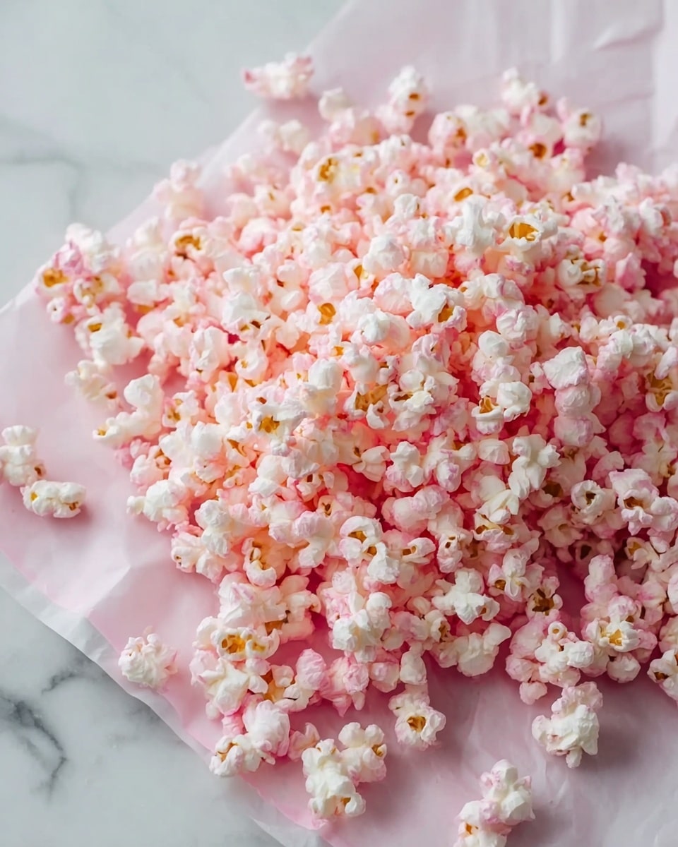A large pile of pink and white popcorn is spread out over a sheet of light pink parchment paper, which is placed on a white marbled surface. Each popcorn kernel is mostly white with a soft pink coating that gives it a fluffy texture and a sweet look. The popcorn is loosely scattered in an uneven but generous layer, with some kernels falling off the edges of the parchment paper. photo taken with an iphone --ar 4:5 --v 7