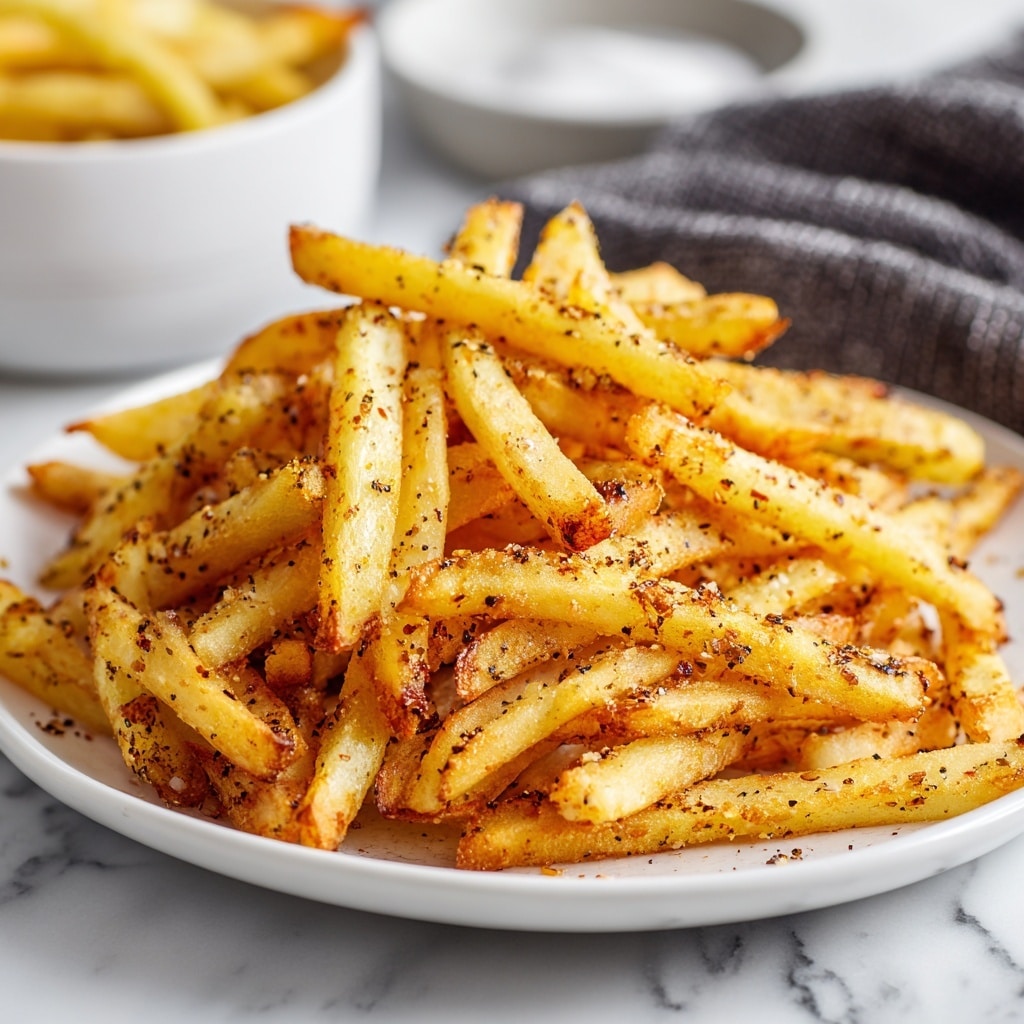 A white plate filled with one layer of golden brown French fries, generously coated with a mix of dark brown and black seasoning powder that adds texture and specks all over the fries. The fries are slightly crunchy and piled in a casual way, showing some flaky bits of seasoning around them. In the background, there is a blurred white bowl filled with a light cream-colored dipping sauce placed on a white marbled surface. A dark gray cloth napkin is partially visible on the left side next to the plate. Photo taken with an iphone --ar 4:5 --v 7