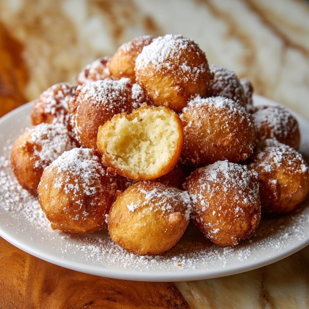 A white plate filled with many golden brown, round fritters covered lightly with powdered sugar, one fritter is held above the plate, showing a soft, light yellow inside with a fluffy texture. The fritters have a slightly irregular, rough surface with some crispy edges, and powdered sugar is scattered both on the fritters and around the plate. The plate rests on a wooden table with a white marbled texture in the background. photo taken with an iphone --ar 4:5 --v 7