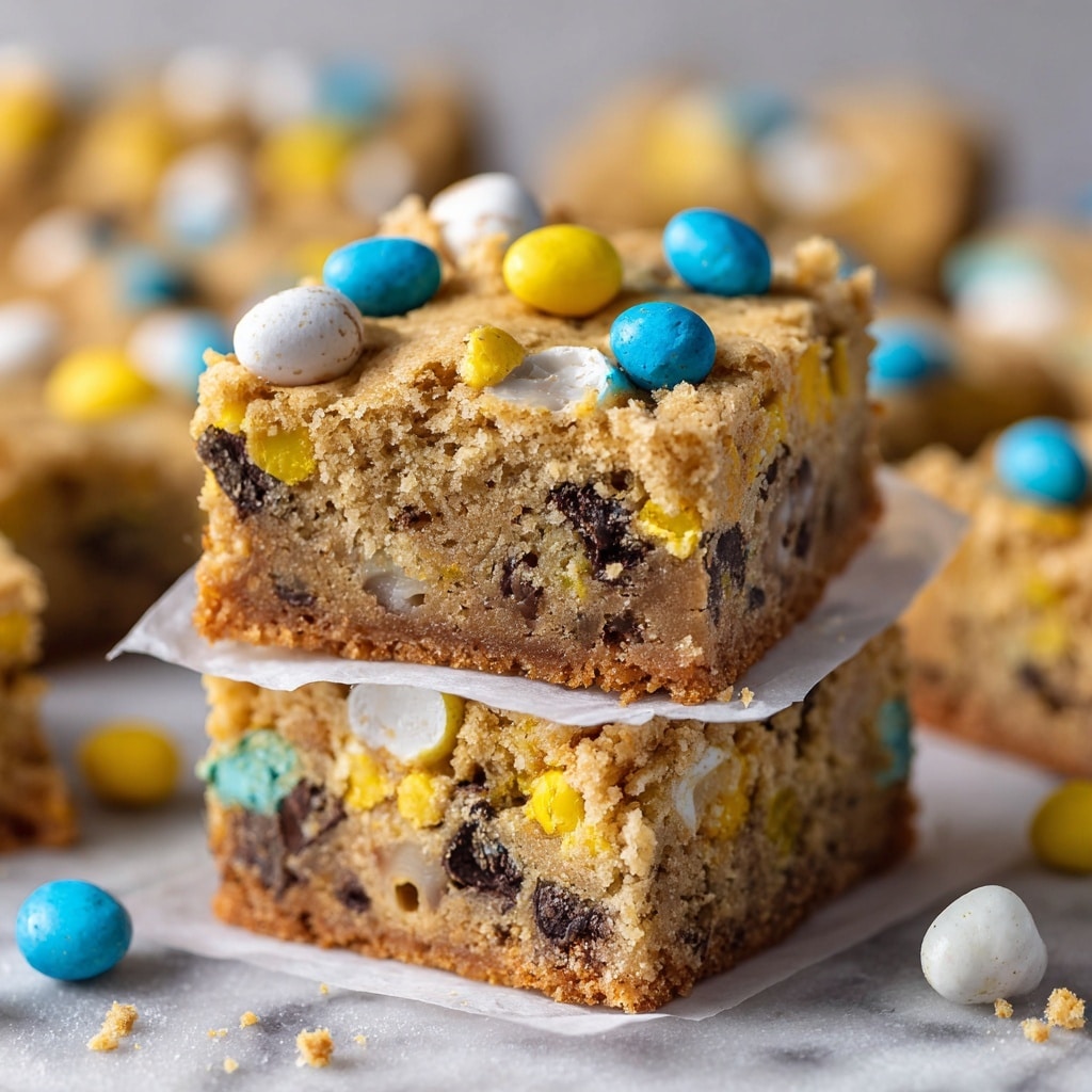 The image shows a close-up view of several square pieces of a crumbly dessert bar arranged tightly together, each about two layers thick. The top layer is a light golden brown crumb mixture with a rough, uneven texture and visible oats. Inside the crumb topping, there are scattered pieces of colorful candy-coated chocolate eggs in pastel yellow, blue, pink, and white, some of which are broken, revealing chocolate inside. The bottom layer appears dense and chocolatey, slightly darker and smoother than the top. The dessert squares are set on a white marbled surface. photo taken with an iphone --ar 4:5 --v 7