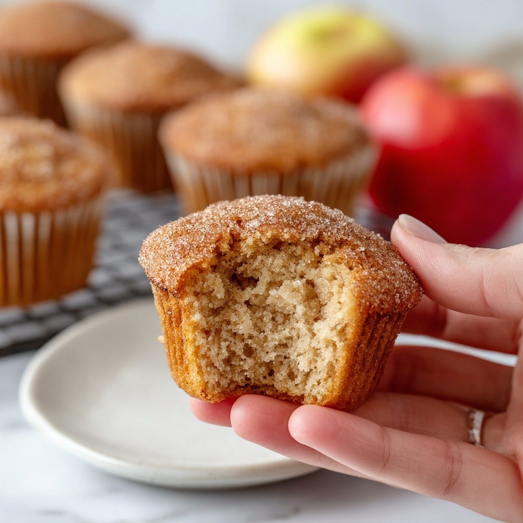 A close-up view of a small muffin with a bite taken out, showing a moist, crumbly, light brown inside with small bits of texture. The top edge is coated with a grainy sugar layer. The muffin is held delicately between the thumb and fingers of a person's hand, with more similar muffins blurred in the background placed on a white plate and a cooling rack. Two red apples are also softly visible in the background, all set against a white marbled surface. photo taken with an iphone --ar 4:5 --v 7