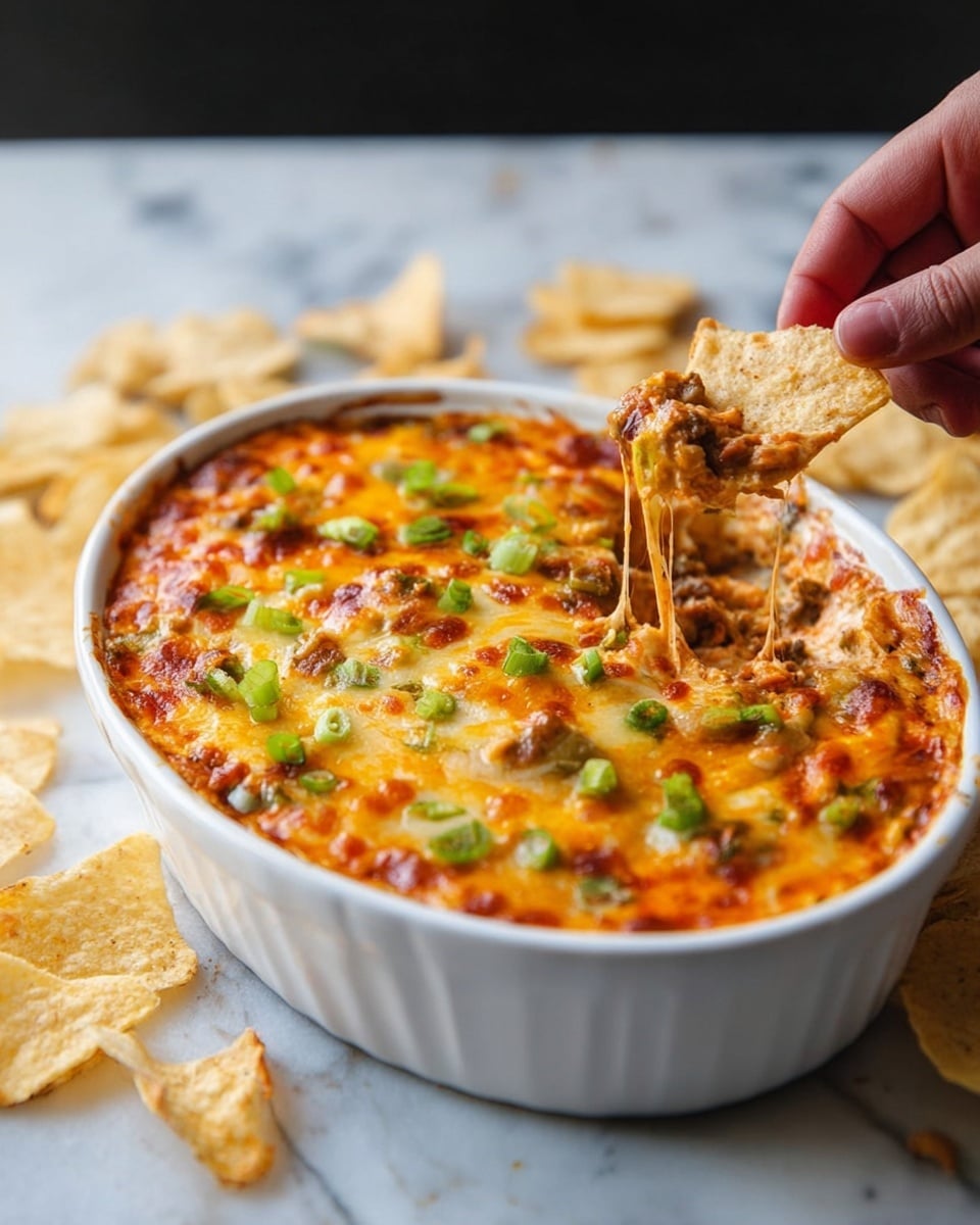 A close-up of a baked dip in a white oval dish, showing a top layer of melted cheese that is golden brown with some darker, crispy spots. Scattered on top are small pieces of green onion, adding a pop of green color. The texture of the cheese looks creamy and bubbly, with hints of orange and white tones blending together. Around the dish, there are various tortilla chips in natural pale yellow and purple colors. The whole scene is set on a white marbled surface. photo taken with an iphone --ar 4:5 --v 7