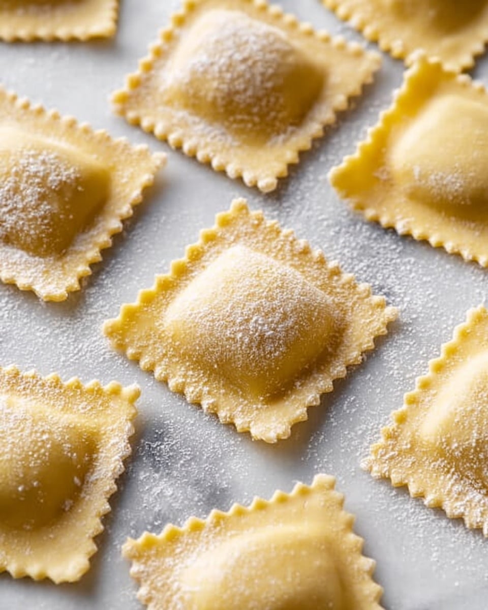 A rustic dark brown bowl filled with about eight square ravioli pieces showing soft, pale yellow pasta with slightly ruffled edges and fine ridges around the filling bumps; the ravioli are coated lightly with melted butter and topped with a light dusting of grated cheese and tiny specks of ground pepper, creating a subtle textured look. Two antique silver forks rest side by side in the bowl with their handles pointing outward, contrasting with the light pasta. The bowl is set against a white marbled surface. photo taken with an iphone --ar 4:5 --v 7